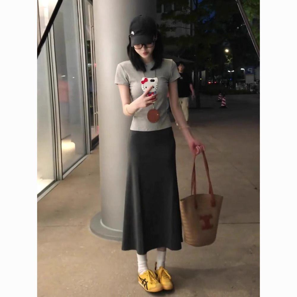 灰色半身裙女夏2026新款a字长款鱼尾裙子小个子高腰垂感包臀长裙