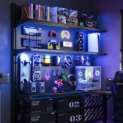 立式洞洞板置物架落地电竞房间装饰金属收纳架免打孔电脑桌面改造