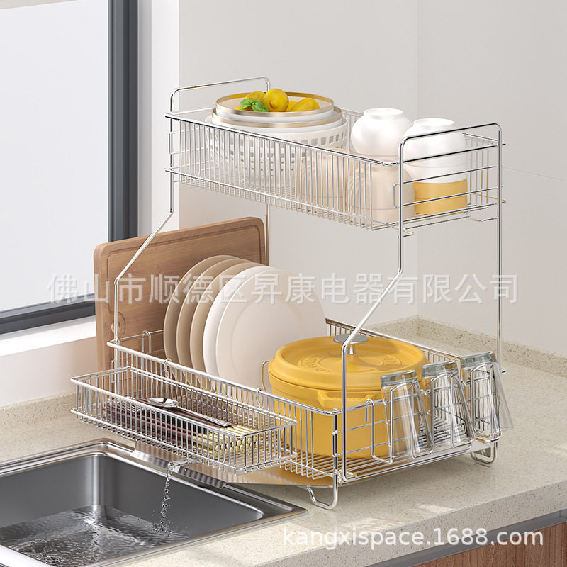 韩式厨房置物架出口双层碗筷收纳架201不锈钢碗碟沥水架dish rack