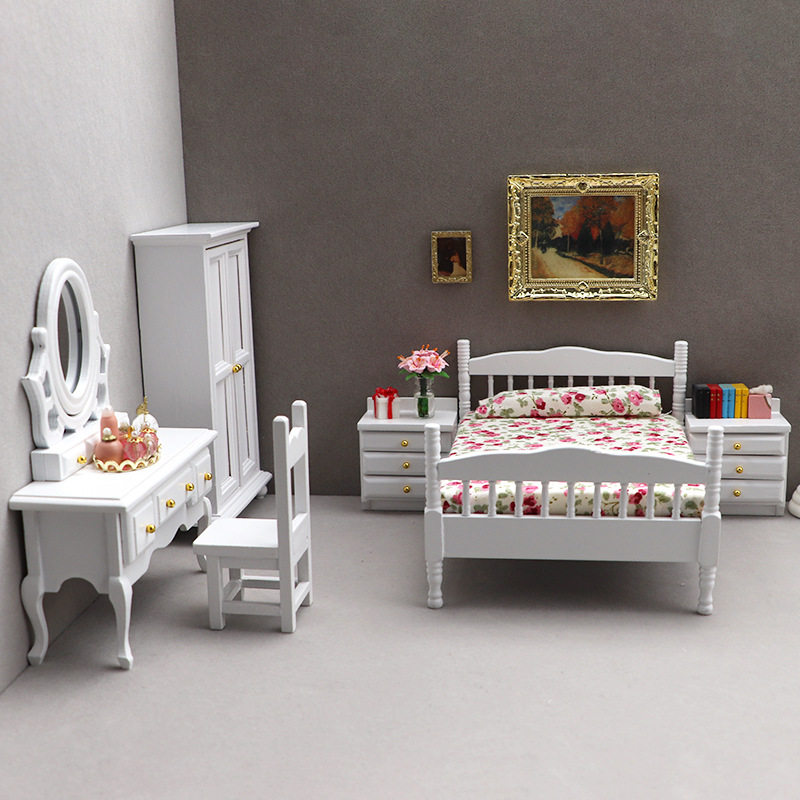 1:12娃娃屋dollhouse迷你家具模型摆件白色卧室微场景床梳妆台柜