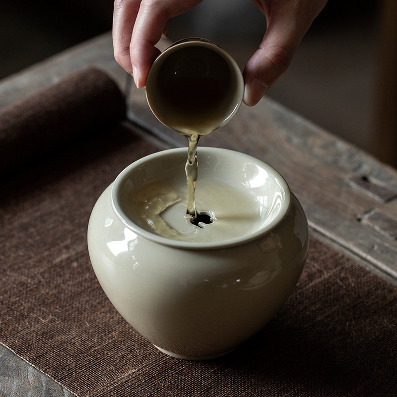 复古草木灰建水日式水盂杯洗茶室茶渣斗家用小号陶瓷茶洗茶道配件