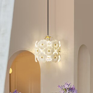 陶瓷花朵床头吊灯奶油风格 温馨卧室房间床头灯悬挂吊灯 北欧法式