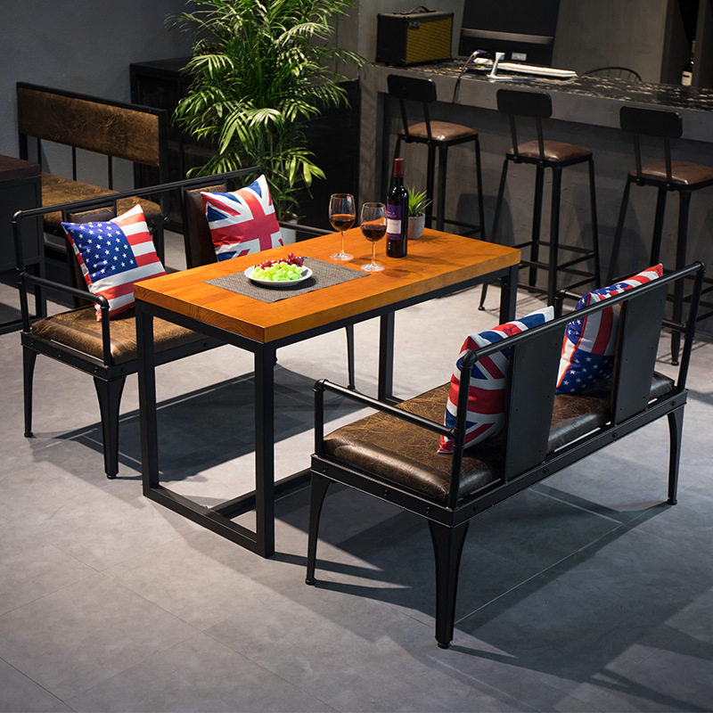 北欧工业风餐厅酒吧双人铁艺卡座沙发西式咖啡馆休闲复古实木桌椅