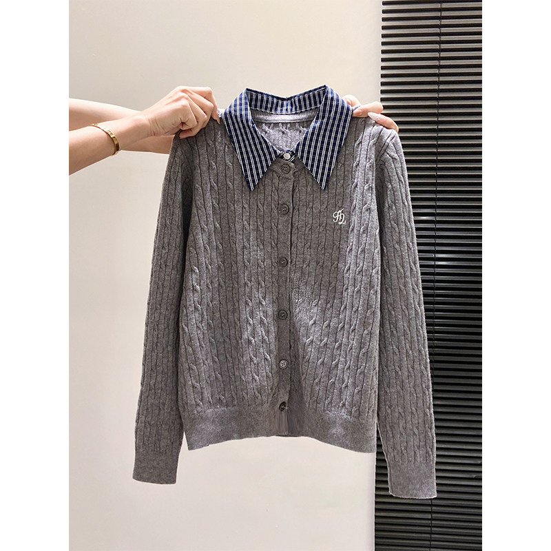 韩系条纹POLO领刺绣麻花针织开衫女冬季新款软糯宽松毛衣外套上衣