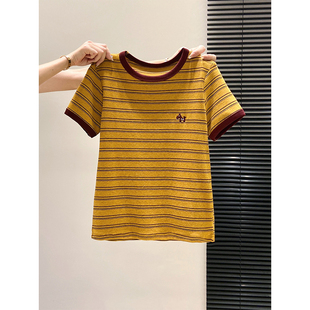 设计感撞色条纹卡通刺绣短袖 宽松独特别致上衣 t恤女2026早春新款