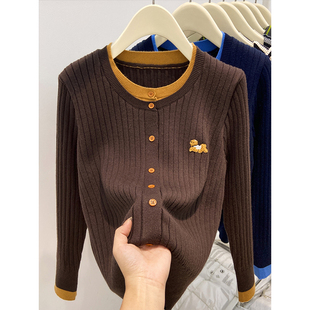 宽松毛衣上衣外套 女秋冬新款 韩系撞色拼接假两件刺绣长袖 针织开衫