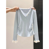 新款 女冬季 褶皱收腰显瘦气质打底上衣 针织衫 蕾丝边蝴蝶结V领长袖