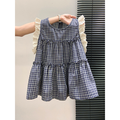 格子圆领无袖衬衫女夏季