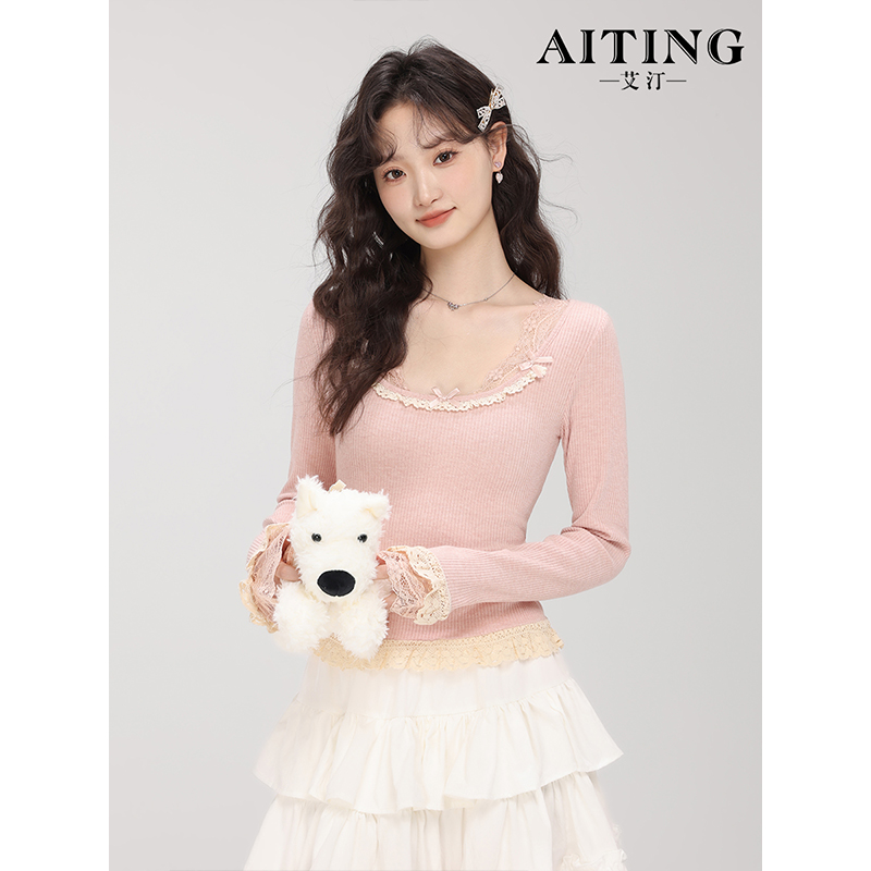 蕾丝蝴蝶结u领长袖t恤女