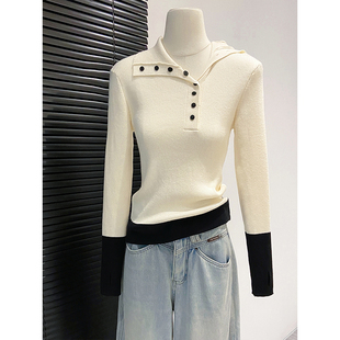 修身 新款 显瘦气质内搭小上衣 女秋季 韩系拼接撞色设计感翻领针织衫