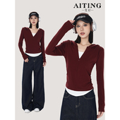 内搭打底衫 安可拉红连帽假两件上衣女t恤秋装 显瘦短款 v领修身 新款