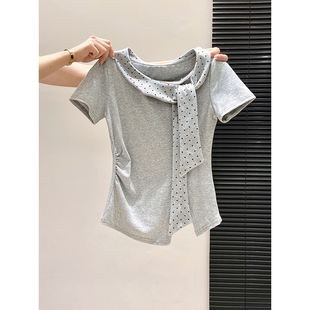 不规则下摆开叉短袖t恤女2026夏季新款甜美风波点系带领收腰上衣