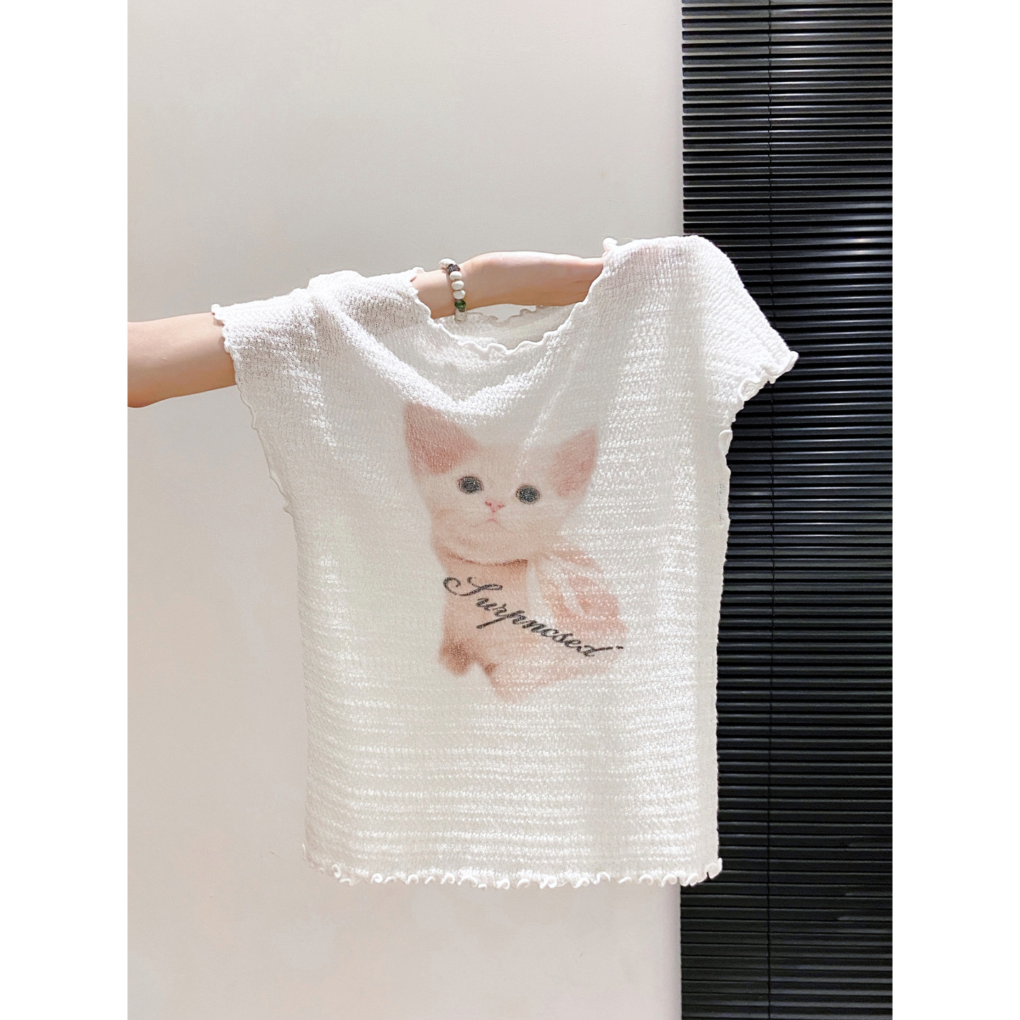 韩系猫咪印花圆领短袖针织衫女夏季纯欲风修身显瘦肌理感套头上衣