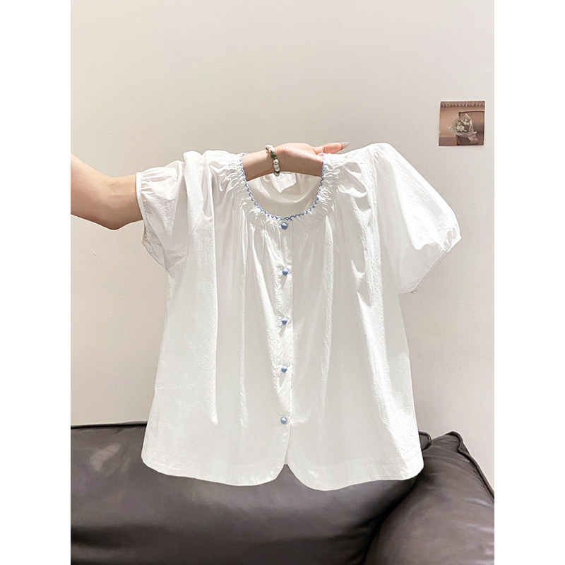 设计感单排扣圆领白衬衫女夏季新款韩系减龄宽松显瘦夏季短袖上衣