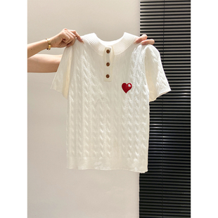 设计感爱心刺绣短袖针织打底衫女2026早春新款修身显瘦正肩上衣