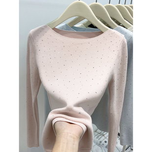 气质烫钻闪闪针织打底衫女2025冬季新款修身显瘦正肩内搭长袖上衣