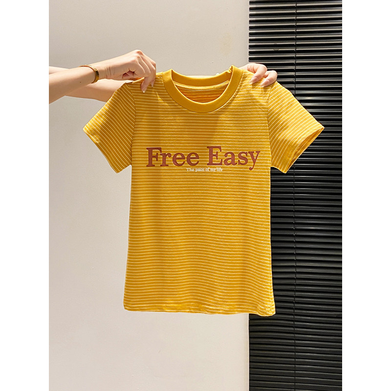 韩系复古撞色条纹字母t恤衫女夏季新款宽松显瘦圆领通勤百搭上衣
