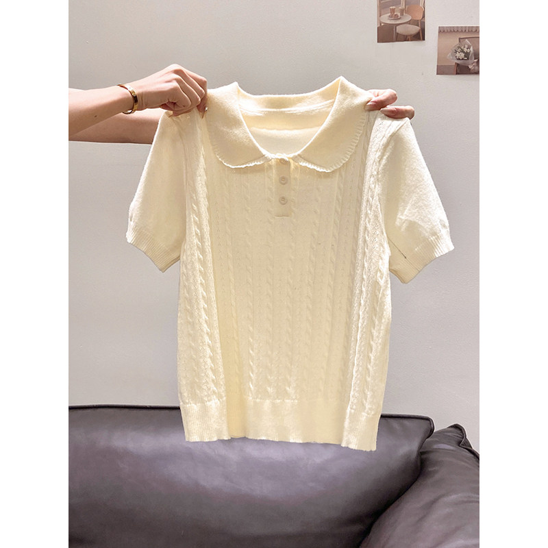 韩系娃娃领短袖麻花针织衫女2026早春新款修身显瘦甜美短款小上衣