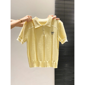 设计感减龄百搭短袖 新款 上衣 女2026夏季 韩系翻领蝴蝶结刺绣针织衫