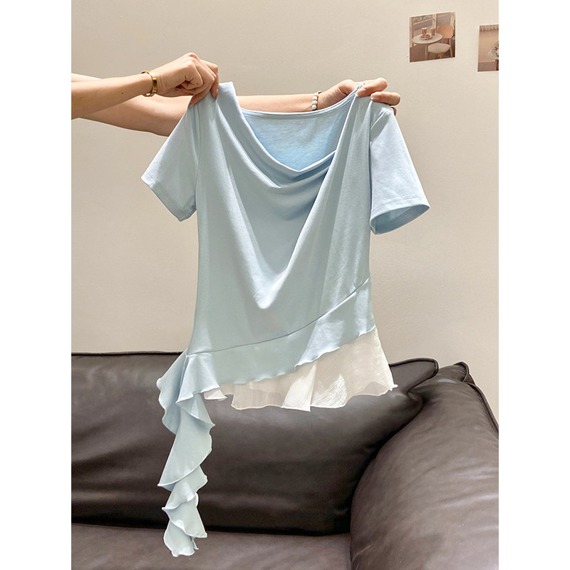 韩系清新蓝色荡领t恤衫女夏季新款拼接荷叶边温柔风减龄短袖上衣