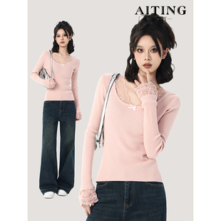 打底小衫 纯欲蕾丝气质u领针织毛线衣女秋季 短款 内搭修身 上衣 新款