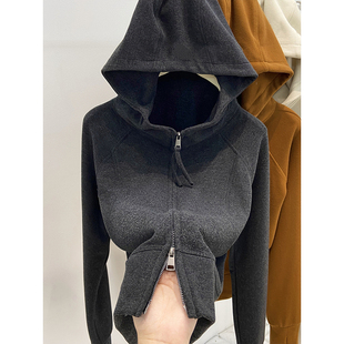 短款 双拉链德绒连帽卫衣开衫 外搭修身 新款 保暖打底上衣 外套女冬季