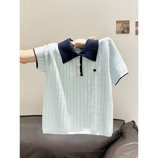 小香风撞色polo领针织衫女夏季新款透气薄款小衫爱心刺绣短袖上衣