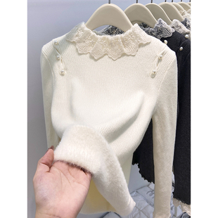 女加绒加厚秋冬内搭打底衫 针织衫 上衣 钉珠蕾丝拼接半高领长袖 法式