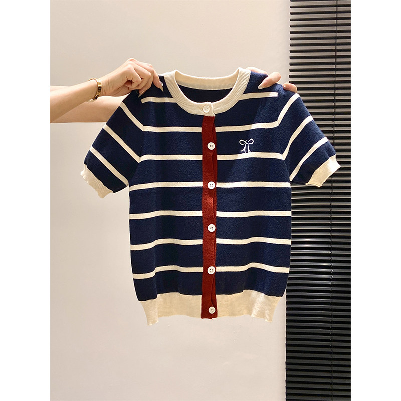 蝴蝶结刺绣条纹短袖针织开衫女2026新款设计感修身正肩打底衫上衣,女装/女士精品,毛针织衫,淘宝优惠券,粉丝福利购,淘宝优惠卷