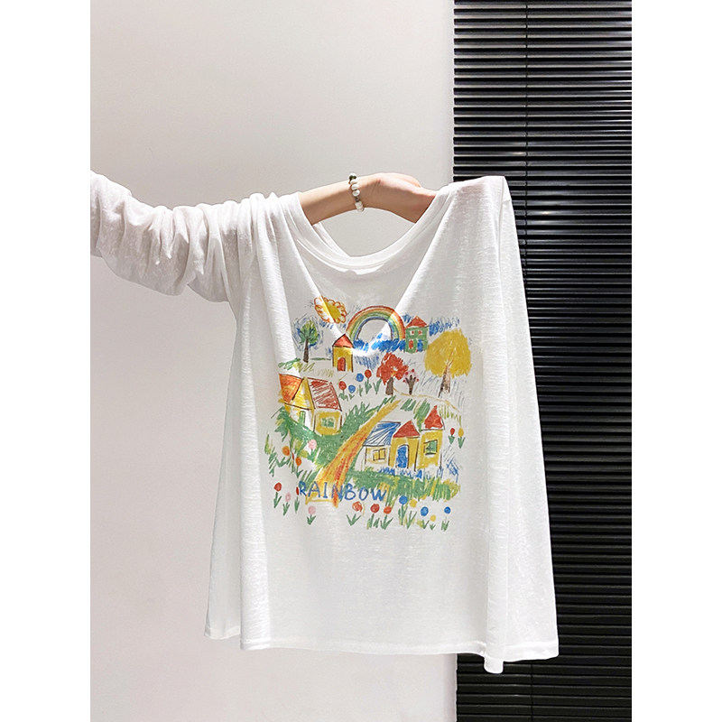 童趣彩虹房子印花防晒衣女夏季新款宽松显瘦休闲百搭长袖罩衫上衣