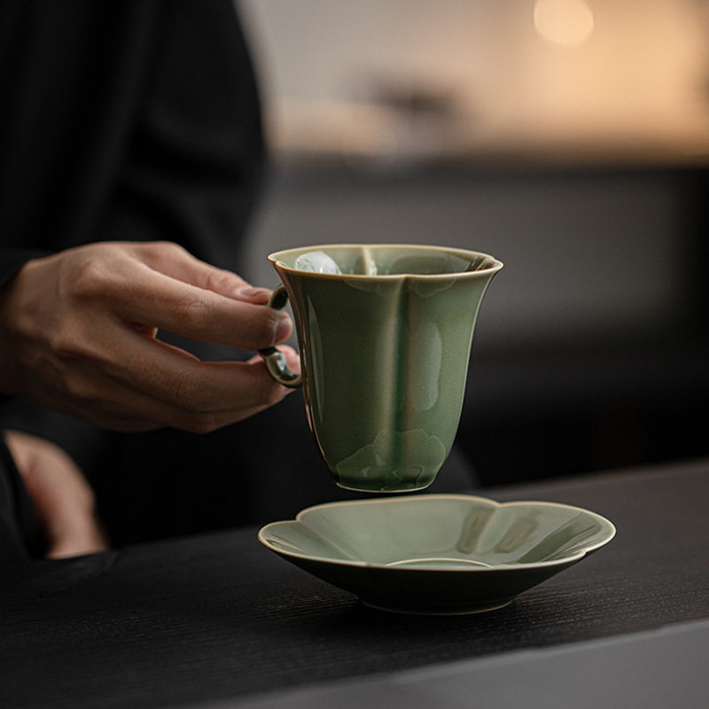 越窑青瓷器复古手工茶杯马克杯办公室泡茶杯咖啡杯带杯垫套装