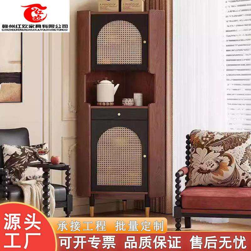 复古拼色实木藤编转角柜客厅中古置物架角落三角柜墙角柜收纳柜子