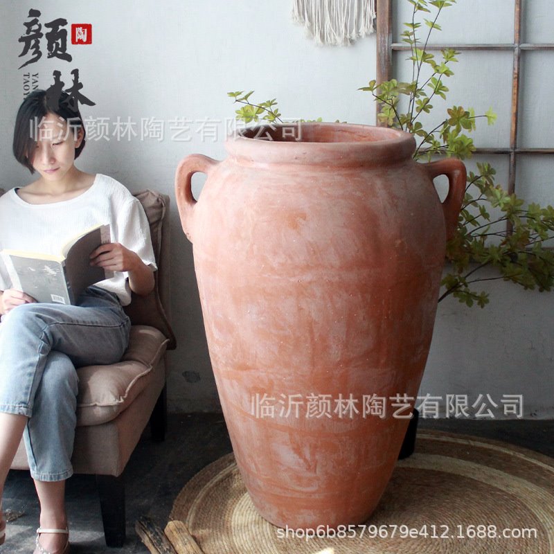 美版大陶罐落地大陶器景观花盆粗陶大高盆红陶大罐庭院大号陶罐子