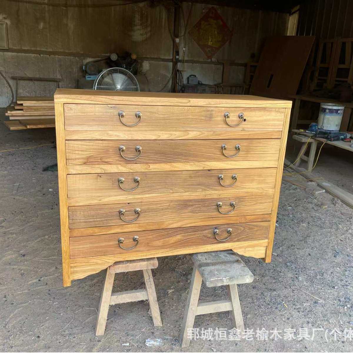 老榆木餐边柜中式餐厅边柜原木茶叶柜多格实木矮柜带抽屉边柜