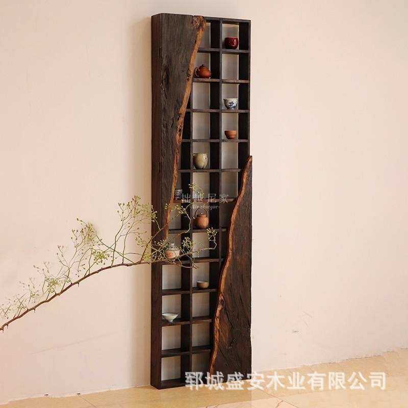 侘寂风博古架实木茶杯架多宝阁壁挂式置物老榆木古董架子格架收纳