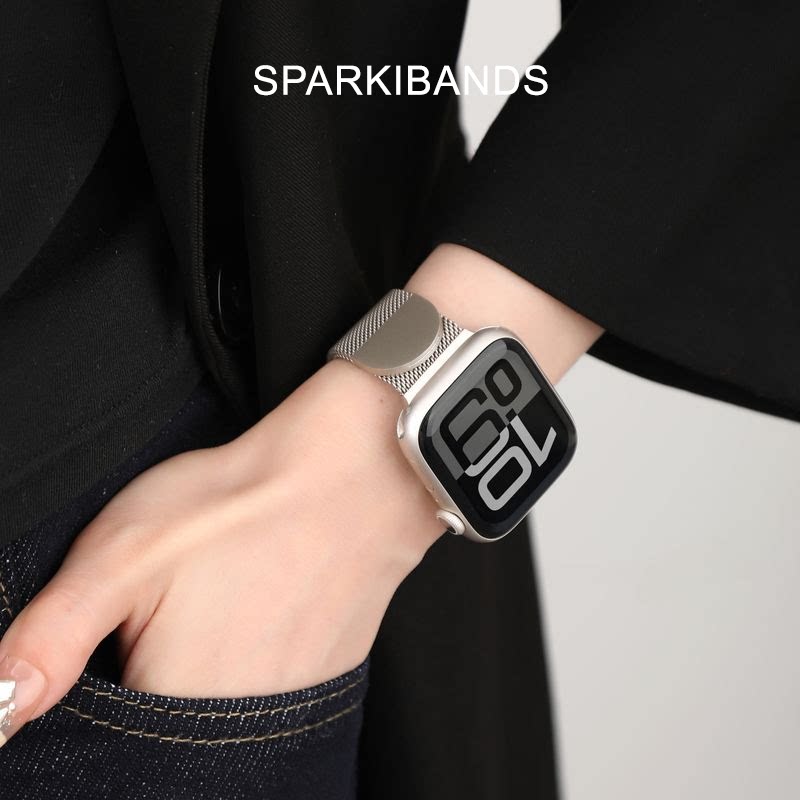 【米兰尼斯】适用applewatch11代表带苹果手表s9半圆磁吸款iWatchs8春夏SE透气Ultra41男生女士新款高级金属7