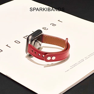 【头层皮质】适用于applewatchs11苹果iwatchs9手表表带s8秋冬10皮质纯色双钉扣Ultra2高级7代SE女款简约原创