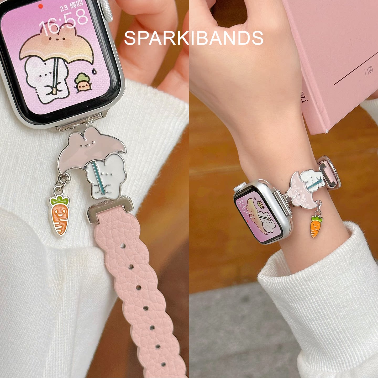 【撑伞小兔】拼皮表带适用于iwatchS11手表applewatchS10苹果手表秋季s9s8爆款配件手表带se3女series65