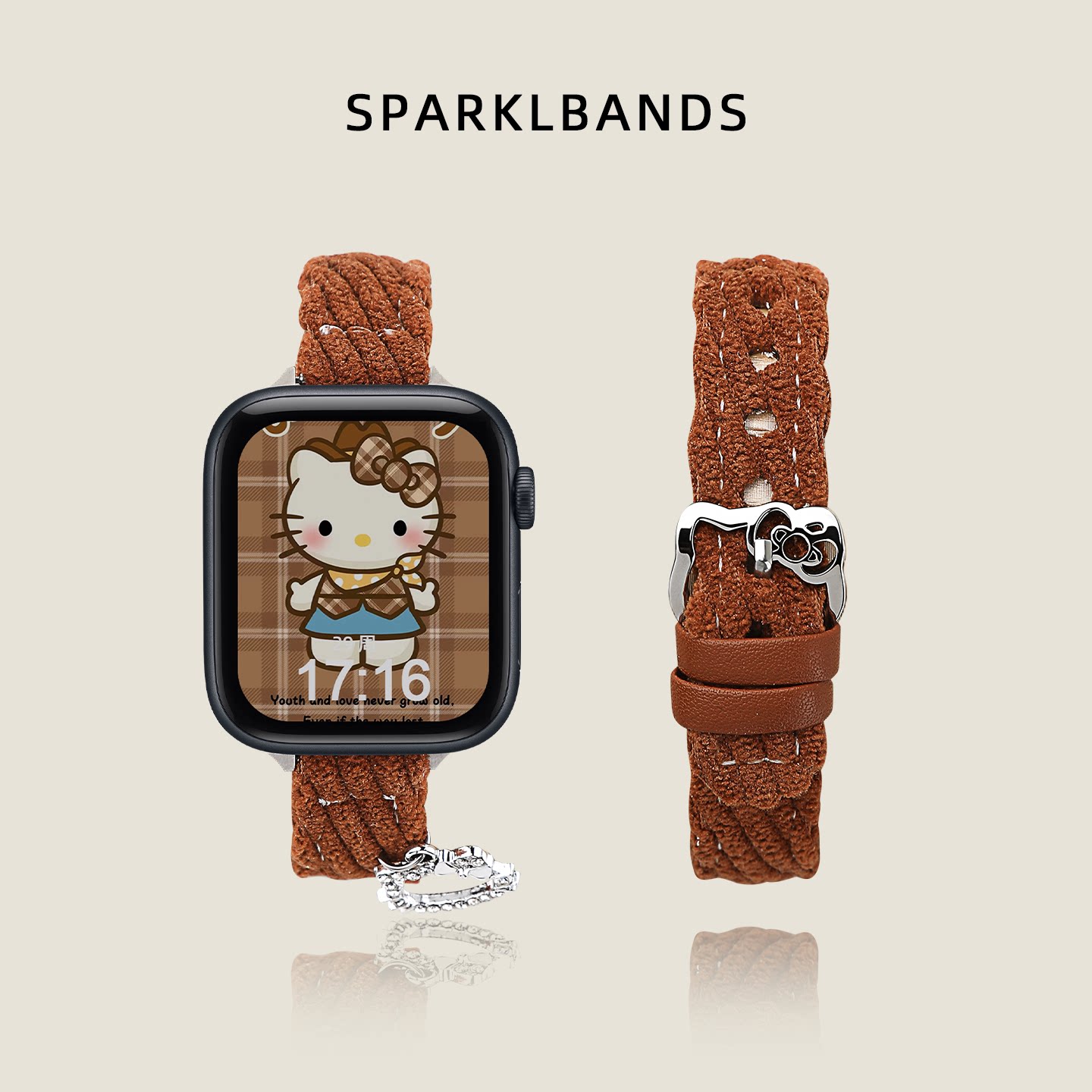 【KT猫灯芯绒】适用于S12苹果手表表带AppleWatchS11春秋细闪吊坠iWatchS9细款kitty小众可爱SE女款6高级7