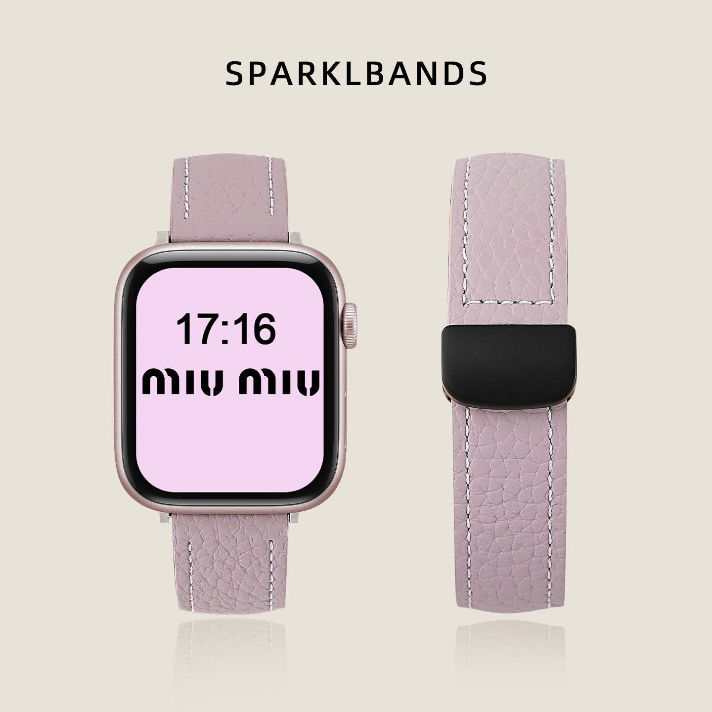 【小牛皮】适用applewatchs11女士新款苹果iwatchs9真皮质8手表表带荔枝纹SE磁吸折叠扣拼色Ultra2秋冬高级感