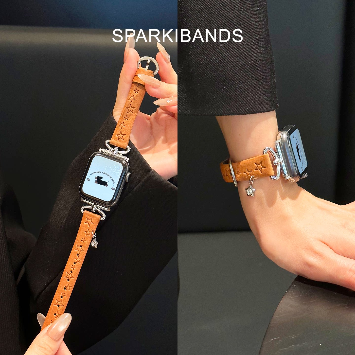 【头层牛皮】适用于applewatchs12苹果新款iwatch11创意s9手表表带SE纯色Ultra3春秋压印星星吊饰扣真皮质女8