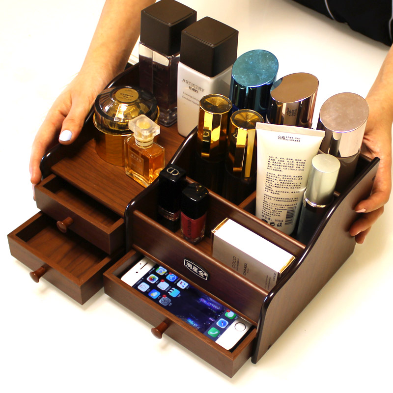 化妆品收纳盒梳妆台简约床v头柜上家用整理盒桌面护肤品多功能木