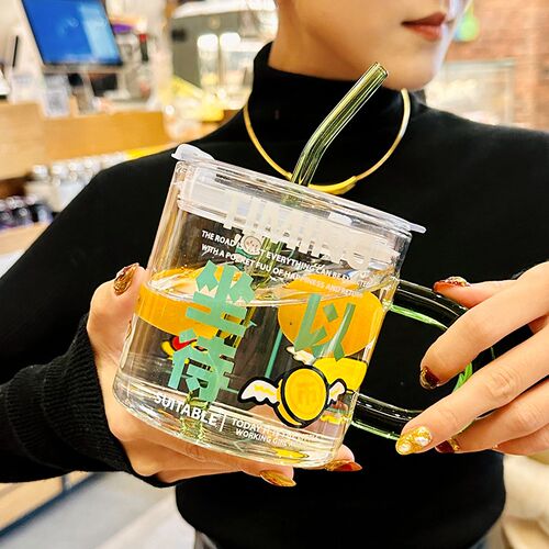 高硼硅玻璃d杯带盖吸管杯女高颜值办公室喝水杯家用恒温杯子耐高