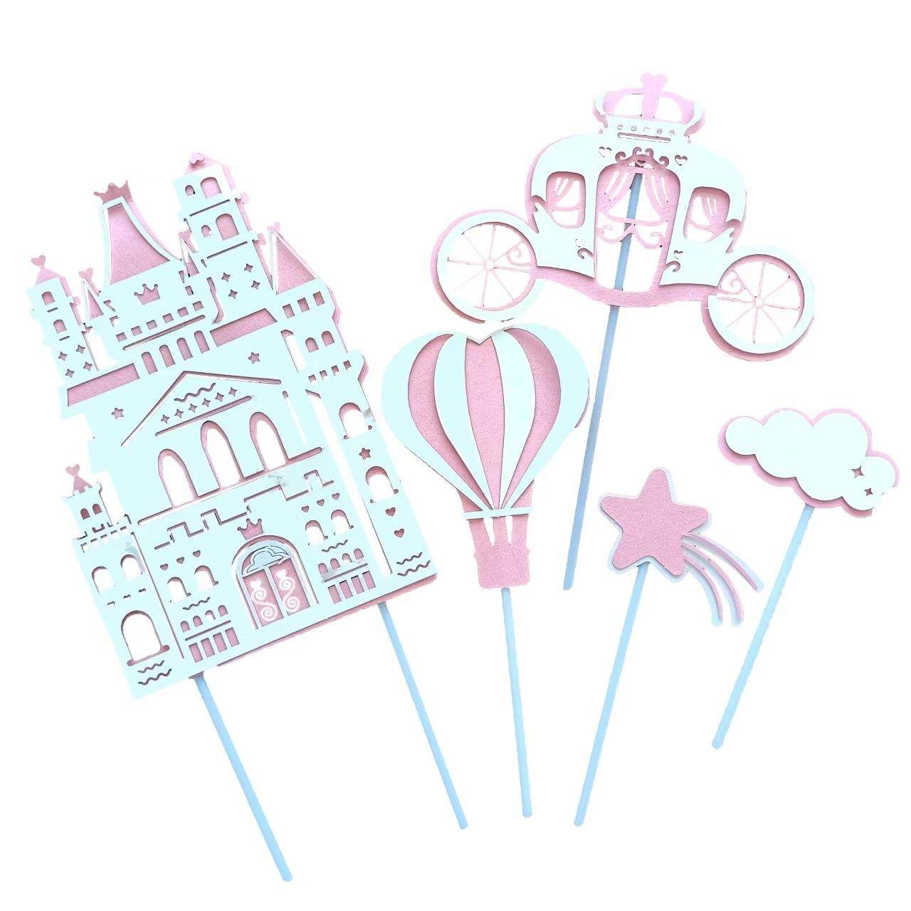 跨境新款城堡蛋糕装饰插牌公主少女心黄蓝粉色主题生日蛋糕插件插