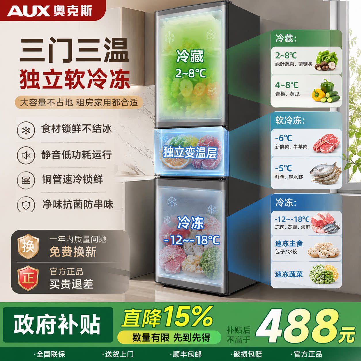 三门冰箱大容量丨节能省电丨包邮