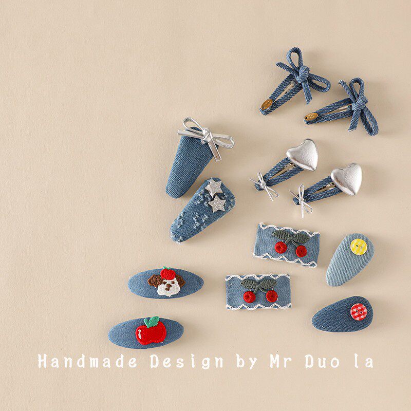 韩版宝宝掰掰夹气质蝴蝶结牛仔蓝BB夹发夹发卡侧边刘海鸭嘴夹头饰