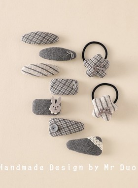 2025年新款女宝宝布艺格纹发夹女童灰色系刘海夹BB夹百搭发卡发饰