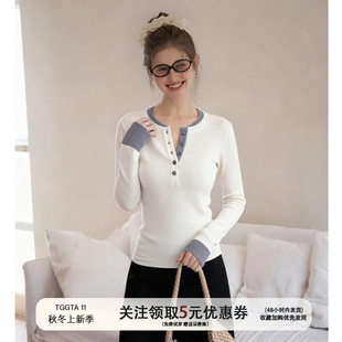 TGGTA白色羊毛假两件毛衣针织衫女秋冬亨利领长袖内搭打底衫上衣