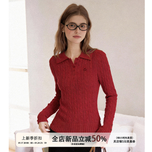 TGGTA11新年红色polo领针织衫女春秋麻花毛衣内搭打底衫长袖上衣