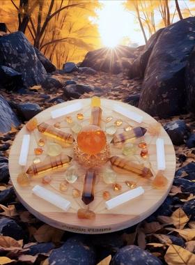 黄金云母兔毛萤石水晶网格套装/黄萤石/木盘/送礼水晶/手工摆件